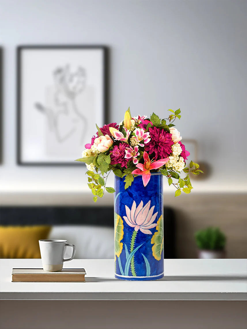 Blue Pottery Cylinderical Flower Vase