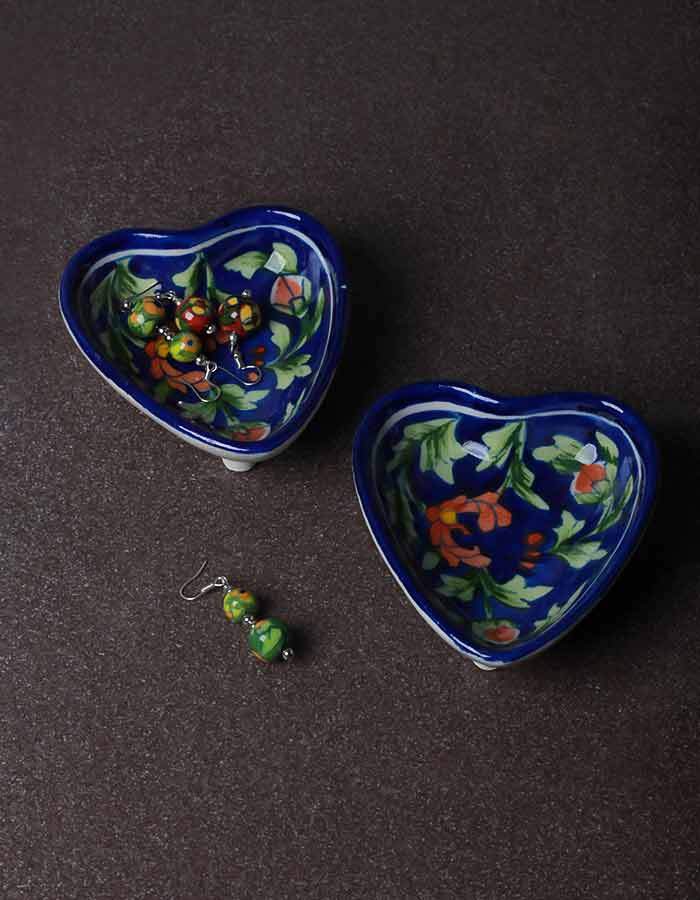 Heart-Shaped Serving Plates – Blue Base with Brown Floral Design (4 Inch, Set of 2)