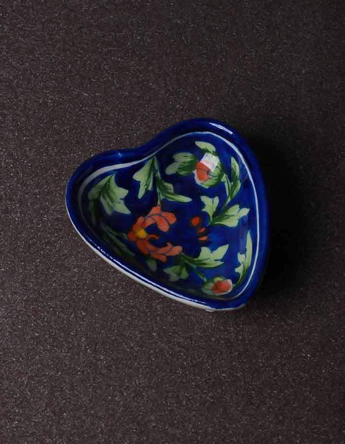 Heart-Shaped Serving Plates – Blue Base with Brown Floral Design (4 Inch, Set of 2)