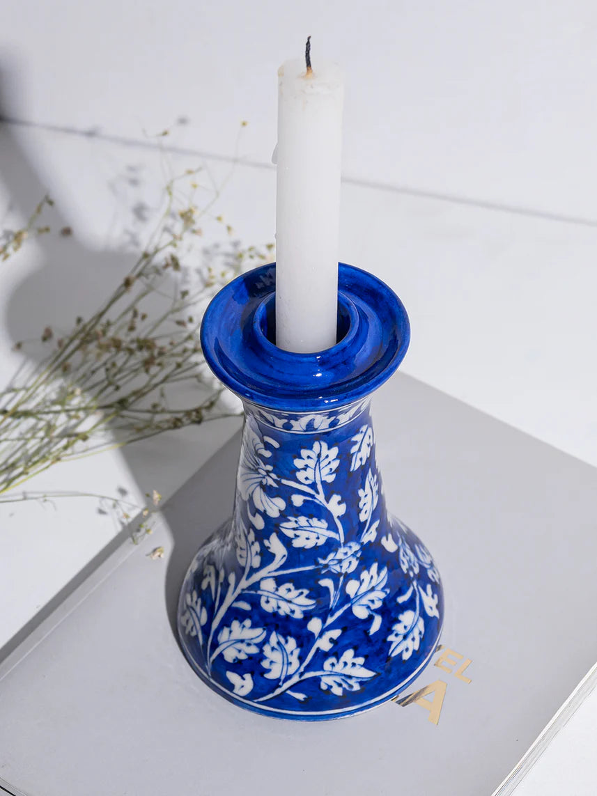 Cobalt Leaf Motif Blue Pottery Candle Stand Main image