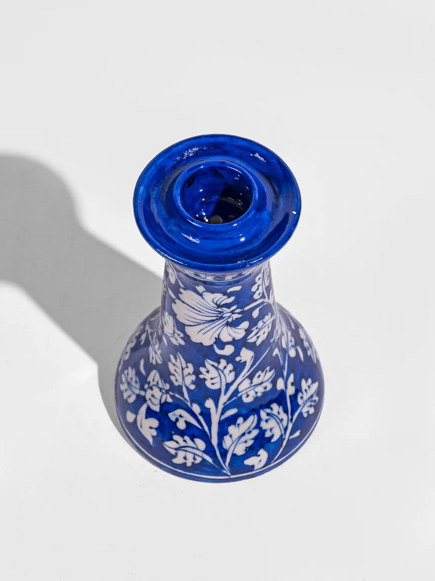 Cobalt Leaf Motif Blue Pottery Candle Stand