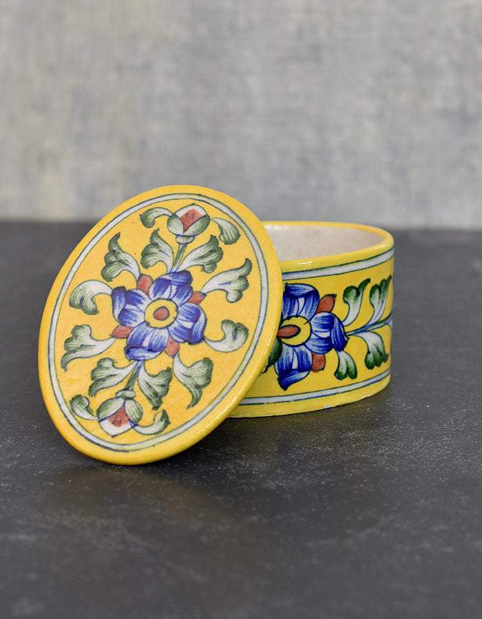 Handmade Oval Box in Yellow Base With Blue Florals Secondary image