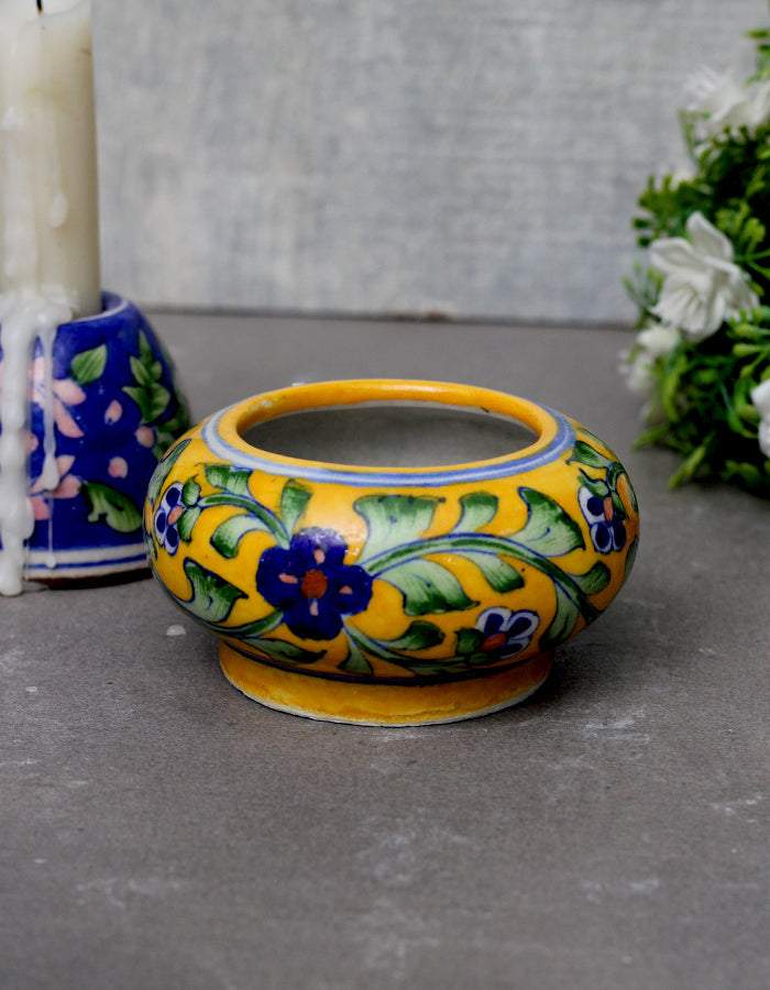 Handmade Round Ashtray - Yellow Base with Blue Flower Main image