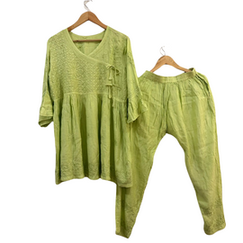 Lime Green Chikankari Coord Set – Cotton