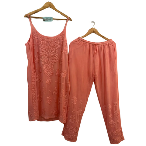 Peach Cotton Chikankari Set – Sleeveless Kurta with Plazo Pant