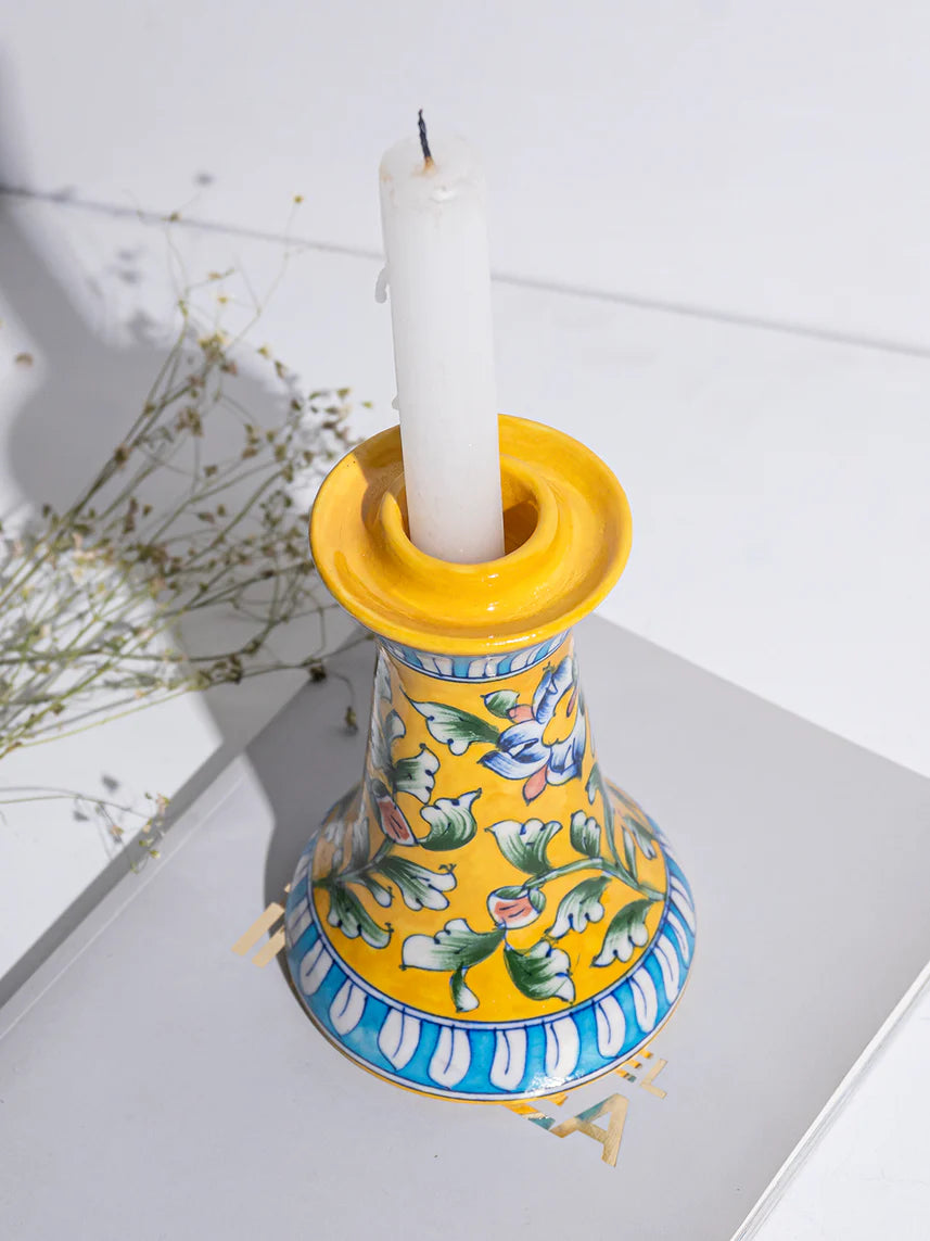 Yellow Floral Vine Blue Pottery Candle Stand Main image