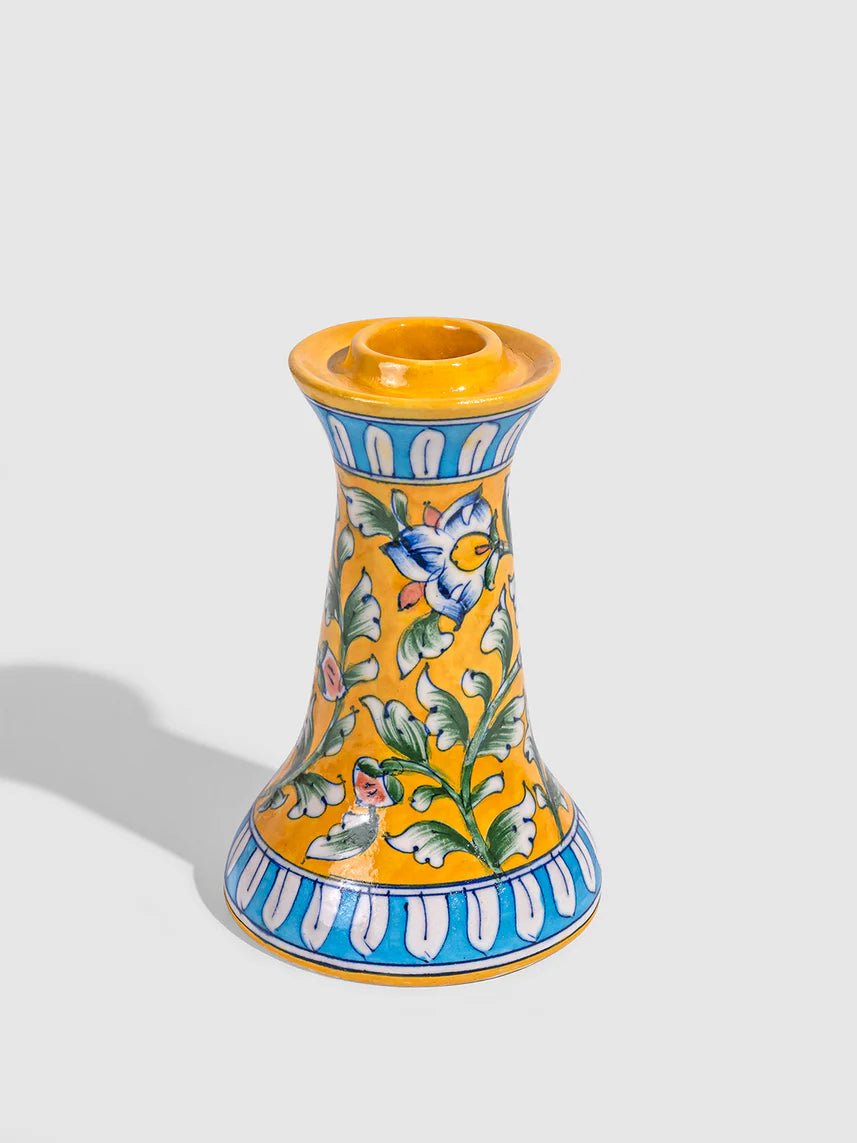 Yellow Floral Vine Blue Pottery Candle Stand Secondary image