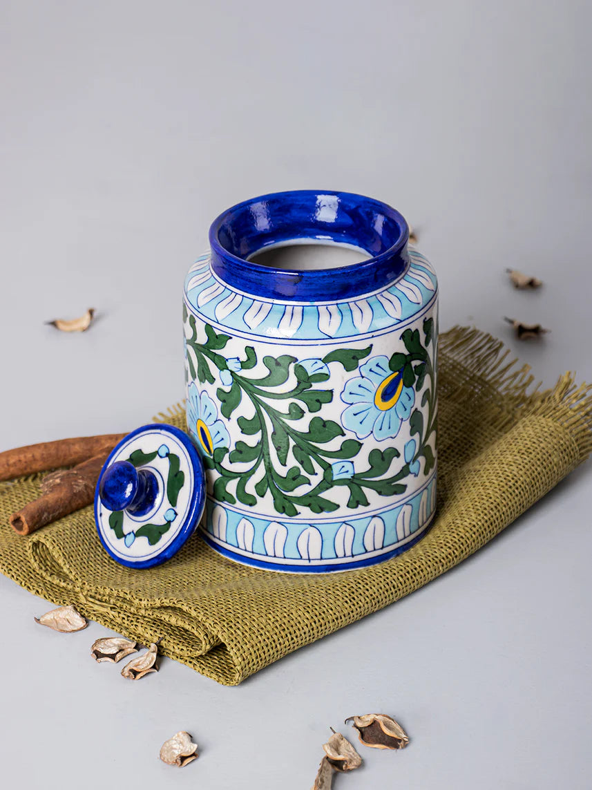 Handcrafted Blue Pottery White Floral Design Jar Main image