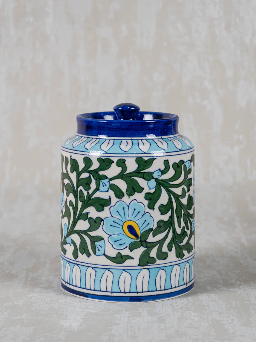 Handcrafted Blue Pottery White Floral Design Jar