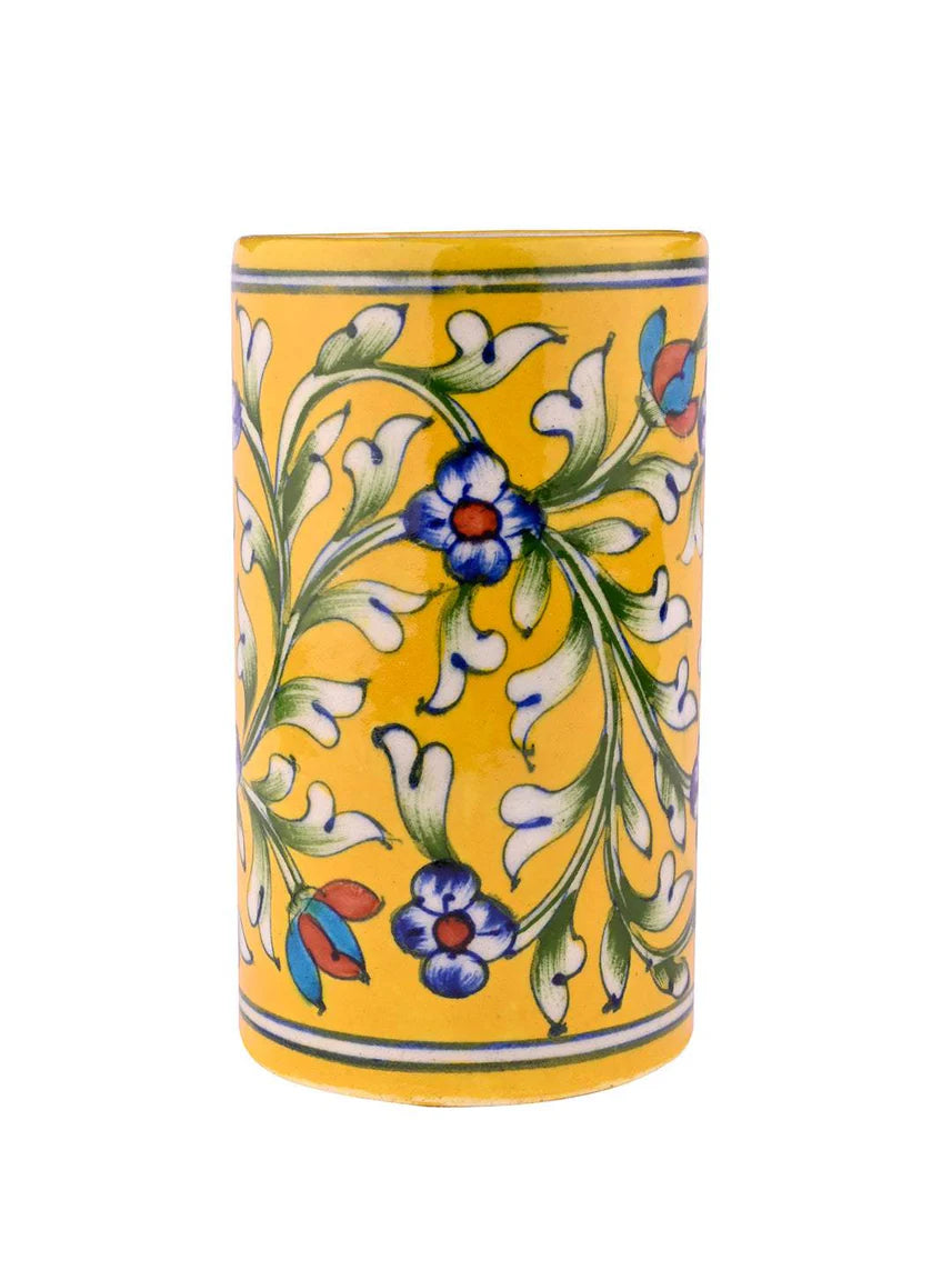Handmade Blue Pottery Cylinder Yellow Secondary image