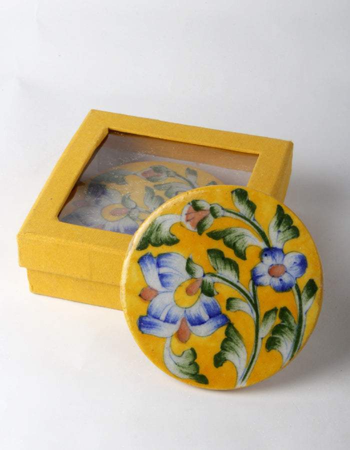 Yellow Ceramic Coasters with Blue Flowers & Leaves – Set of 4