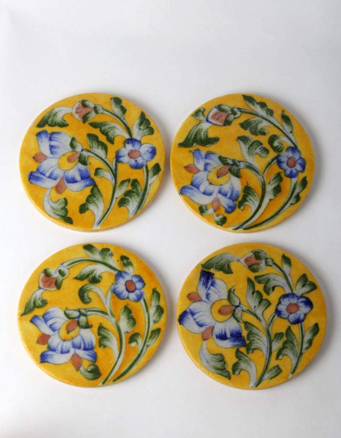 Yellow Ceramic Coasters with Blue Flowers & Leaves – Set of 4 Main image